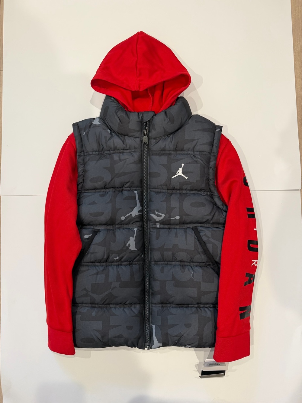 Jordan Kids Black Puffer Vest with Red Hooded Sweatshirt